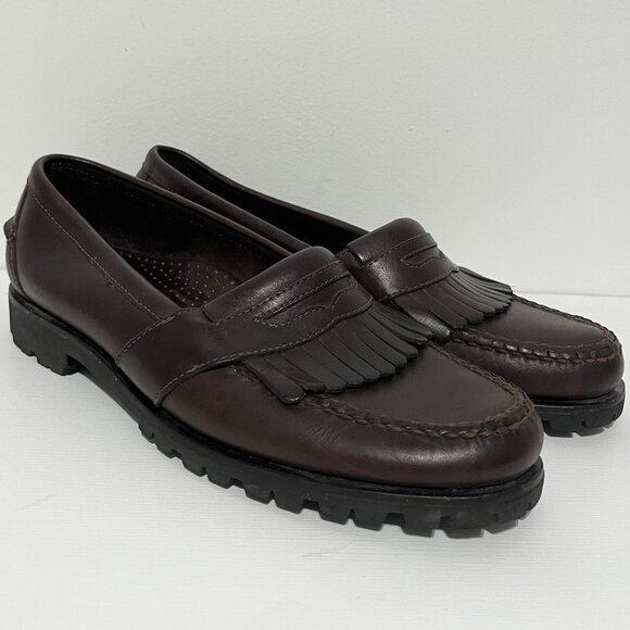 LL Bean Mens Lug Kiltie Leather Penny Loafers 10.5 D Brown Vibram Sole Old Money - Picture 1 of 11
